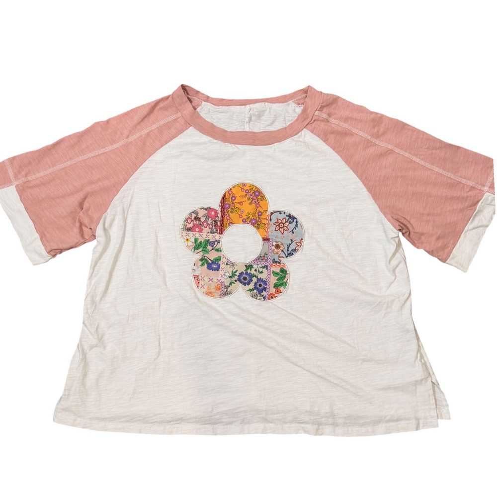Patchwork Flower Appliqué Boxy 100% Cotton Raglan Tee (1XL)  Boho Raw Hem Soft